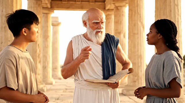 Ancient Philosophers Engaging in Thoughtful Discussion Under Columns