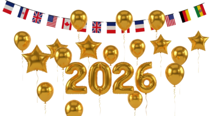 Golden balloons and stars form 2026 numbers with international flags garland celebration isolated on transparent background