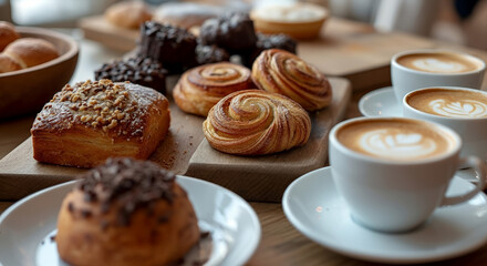 Assorted pastries and coffee served on a wooden board, creating a warm and inviting caf&eacute; atmosphere