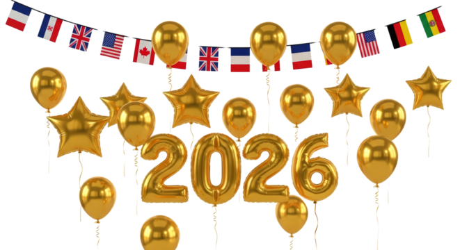 Golden balloons and stars form 2026 numbers with international flags garland celebration isolated on transparent background