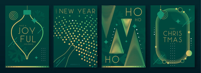 Set of Christmas holiday flat posters on emerald green background. Line art vector illustration. Futuristic Christmas greeting card design. Vector illustration