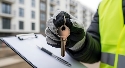 Real Estate Handover Key Held By Construction Manager At Building Site