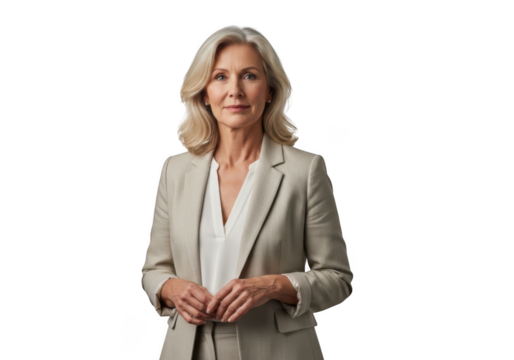 Professional senior businesswoman in beige suit portrait isolated, elegant mature female executive, isolated on transparent background