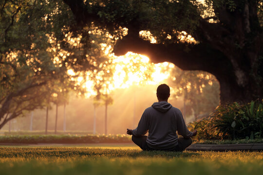 Man meditating in a peaceful park at sunrise, sitting cross-legged on the grass surrounded by trees and warm golden light