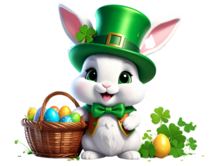Leprechaun Bunny Holding Rainbow Egg Basket