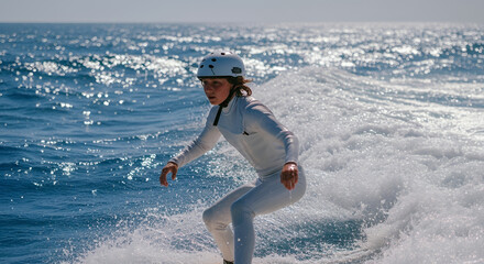 Surfer in a white wetsuit riding the waves with a helmet in the ocean