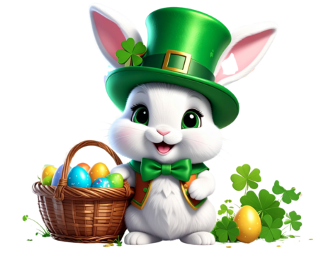 Leprechaun Bunny Holding Rainbow Egg Basket - Powered by Adobe