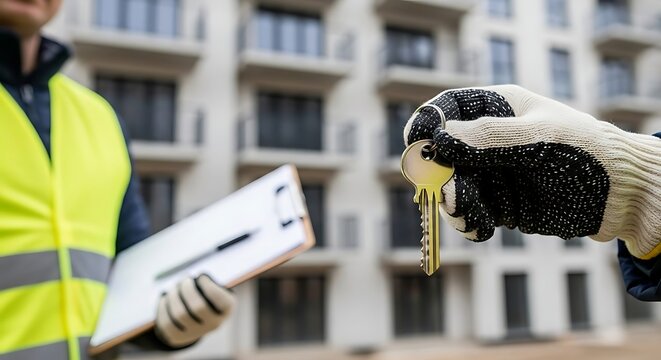 Construction Manager Handing Over Keys To A New Apartment Building