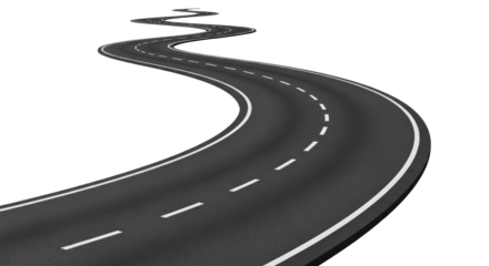 Curving asphalt highway road with white stripes leading into the distance isolated on transparent background