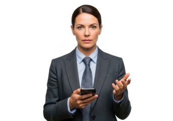 Professional businesswoman in suit using smartphone mobile technology communication isolated on transparent background