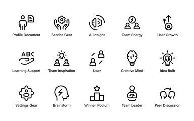 Creative innovation and brainstorming icon collection. Features idea bulbs, AI insight, and winner podium for your success.