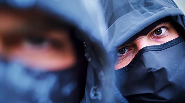 Two masked individuals with serious expressions are captured up close, evoking a sense of mystery and tension in an urban environment. The photograph highlights emotion and personality.