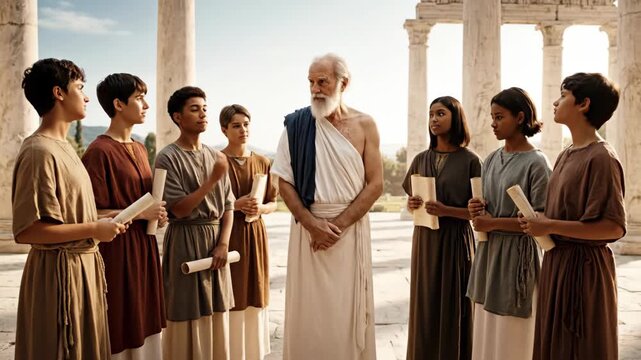 Ancient Greece Education Scene with Philosopher and Young Students