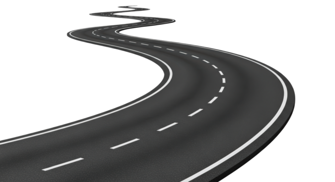 Curving asphalt highway road with white stripes leading into the distance isolated on transparent background