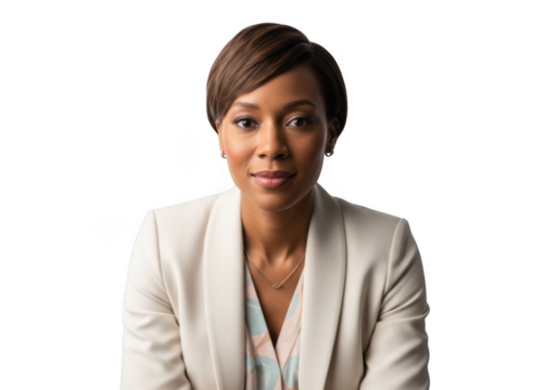 Professional headshot of a confident african american businesswoman in blazer with short hair, portrait photography isolated on transparent background