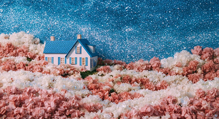 Whimsical miniature house surrounded by a sea of flowers under a starry sky