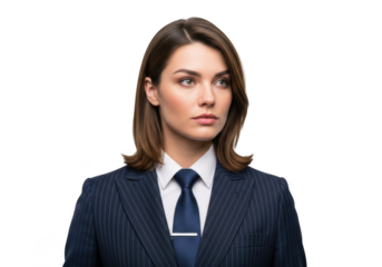 Professional businesswoman portrait in pinstripe suit, confident and elegant, stock photo for corporate use, isolated on transparent background