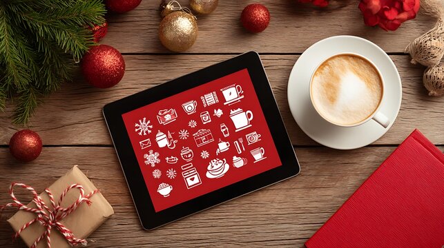 Christmas decorations with tablet and coffee cup on wooden table, top view