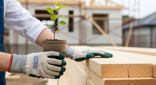 Worker Hand Holding Plant At Green House Construction Site