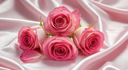 Beautiful pink roses with water droplets arranged elegantly on soft satin fabric, creating a romantic and luxurious display