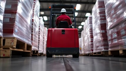 A warehouse worker drives a red forklift through an aisle filled with stacked pallets, showcasing the busy environment of logistics and efficient storage operations. - Powered by Adobe