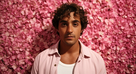 Young man with curly hair in a serene mood against a pink floral wall
