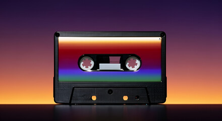 Vintage audio cassette tape with a colorful label against a gradient background, evoking nostalgia and retro vibes