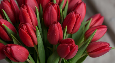 Obraz premium Beautiful bouquet of red tulips with water droplets, showcasing freshness and elegance in a soft background