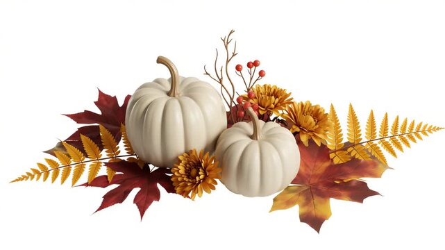 Autumn Composition with White Pumpkins, Fall Leaves, and Flowers Isolated on White Background,pumpkins in white and orange tones,vibrant red berries,autumn leaves on rustic wooden surface,video,Ai