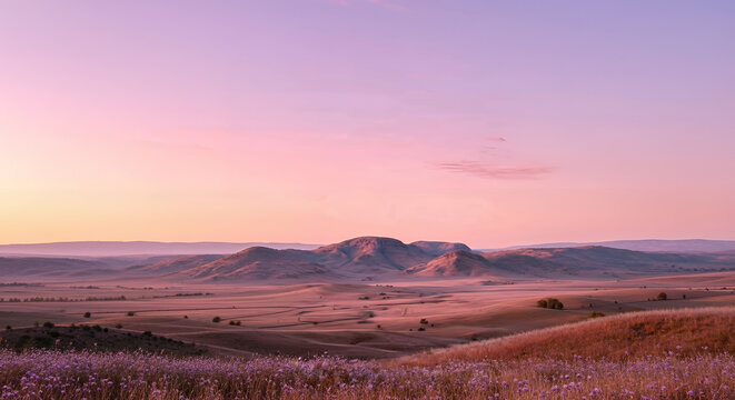Breathtaking landscape at sunset with rolling hills and lavender fields under a pastel sky