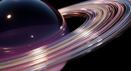 Stunning close-up of a planet with vibrant rings, showcasing a cosmic and futuristic perspective against a dark background