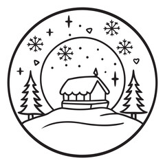 Charming snow globe illustration featuring a cozy house and evergreen trees perfect for winter holiday designs