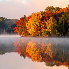 Autumn lakeside scene showing colorful trees and their reflection
