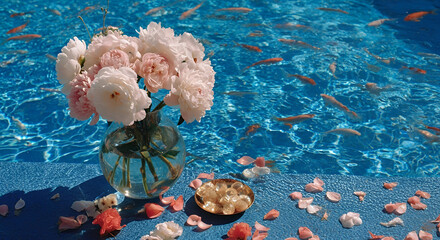 Elegant bouquet of peonies by a swimming pool with floating koi fish and petals