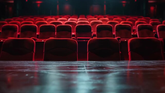 An empty theater showcases rows of red seats under dramatic lighting, creating an artistic atmosphere ideal for events, performances, or cultural showcases.