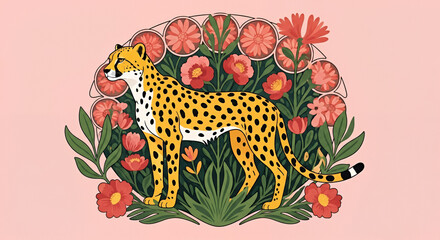 Colorful illustration of a cheetah surrounded by vibrant flowers and foliage
