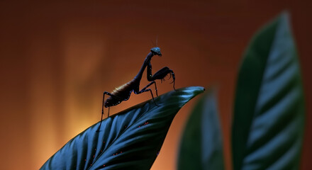 Elegant praying mantis perched on a green leaf with a dramatic background, showcasing its unique silhouette