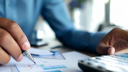 A professional analyzes data on a desk using a calculator and pen. The focused individual reviews charts and reports while planning financial strategies in an office setting. - Powered by Adobe