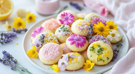 Colorful decorated cookies topped with icing and flowers, arranged on a plate creating a delightful and cheerful dessert display