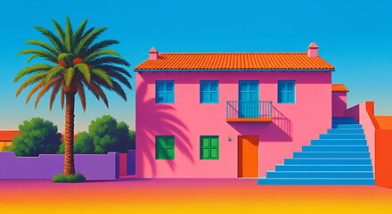 Vibrant illustration of a colorful pink house with palm trees against a bright blue sky