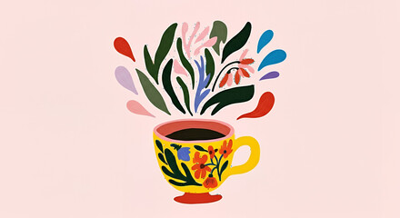 Whimsical illustration of a colorful floral cup with vibrant plants emerging from it, set against a soft pink background