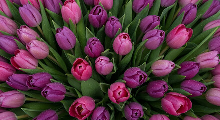 Vibrant bouquet of pink and purple tulips with water droplets, creating a fresh and lively floral display