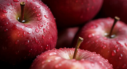 Close-up of fresh red apples covered in water droplets, highlighting their juiciness and vibrant appearance