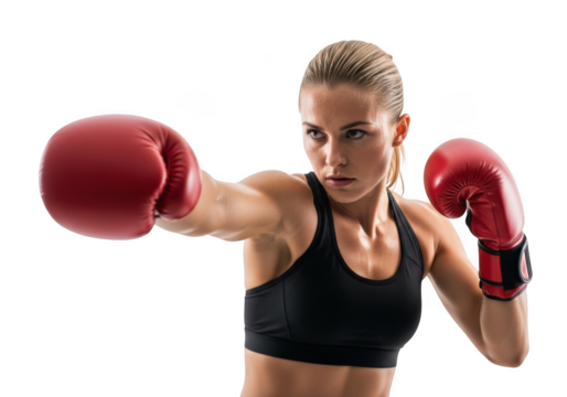 Female boxer punching with red boxing gloves, fitness woman training, sporty athlete in action, isolated on transparent background