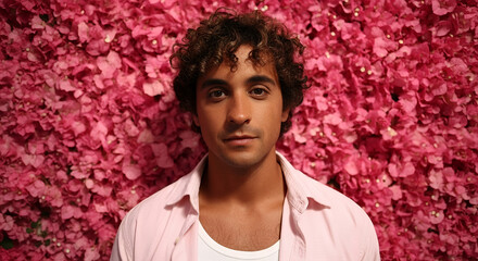 Young man with curly hair in a serene mood against a pink floral wall