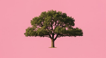 Large green tree with a serene mood on a pink background