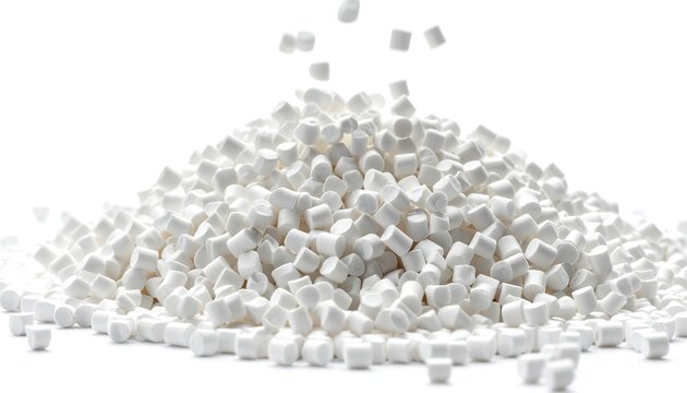 Pile of small, white, cubed objects, falling against a plain background