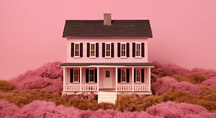 Pink house with a whimsical mood surrounded by fluffy pink clouds