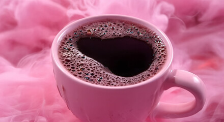 Cup of dark beverage with steam on a soft pink background