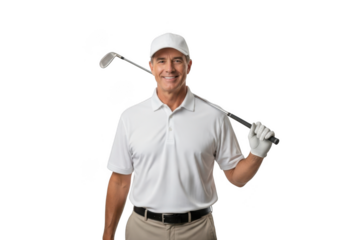 Professional golfer smiling with club over shoulder golf sport player athlete isolated png isolated on transparent background